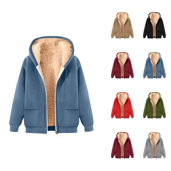 Fleece Lined Zip Up Hoodies for Women Winter Long Sleeve Thick Warm Plain Hooded Sweatshirt Jacket Coat