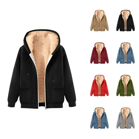 Fleece Lined Zip Up Hoodies for Women Winter Long Sleeve Thick Warm Plain Hooded Sweatshirt Jacket Coat