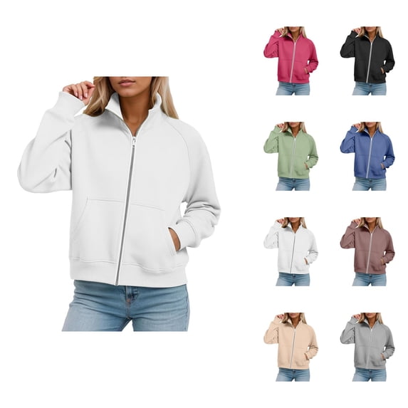 Fleece Lined Zip Up Sweatshirts for Women 2025 Fall Winter Long Sleeve Collared Basic Jacket Sweatshirt with Pockets