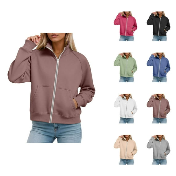 Fleece Lined Zip Up Sweatshirts for Women 2025 Fall Winter Long Sleeve Collared Basic Jacket Sweatshirt with Pockets