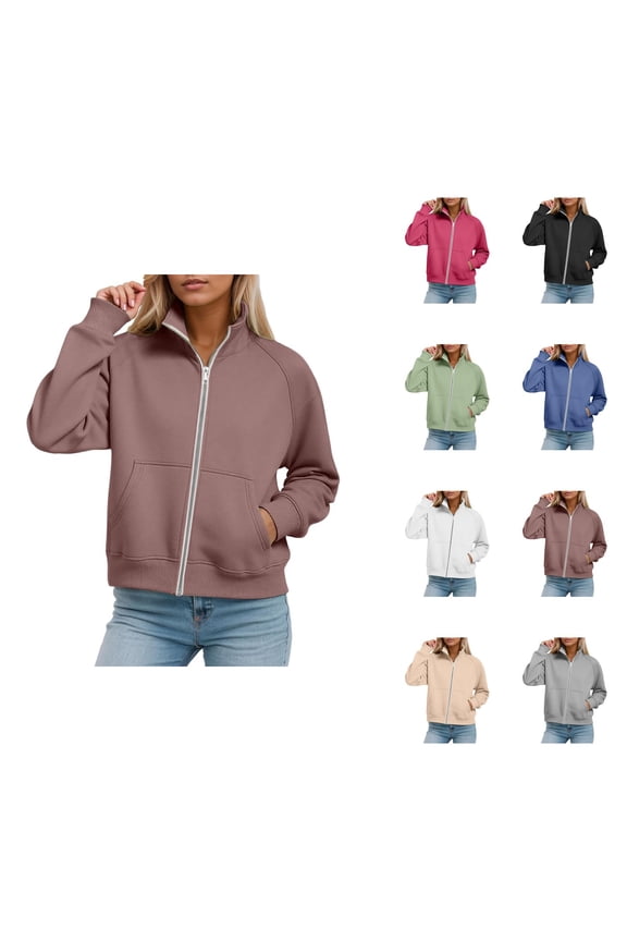 Fleece Lined Zip Up Sweatshirts for Women 2025 Fall Winter Long Sleeve Collared Basic Jacket Sweatshirt with Pockets