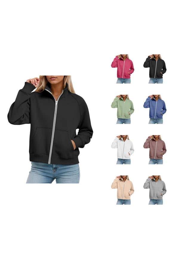 Fleece Lined Zip Up Sweatshirts for Women 2025 Fall Winter Long Sleeve Collared Basic Jacket Sweatshirt with Pockets