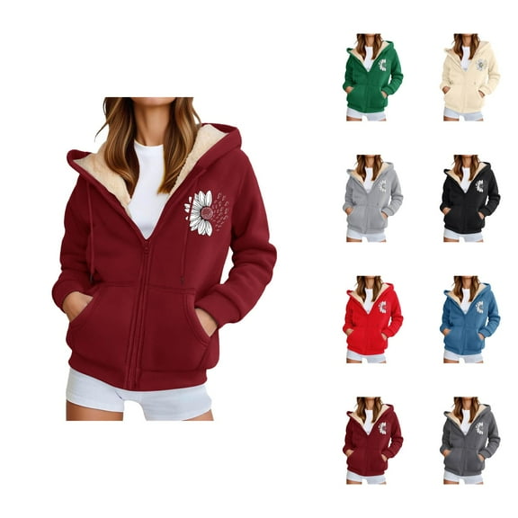 Fleece Lined Zip Up Sweatshirts for Women Fall Winter Long Sleeve Flower Graphic Hooded Sweatshirt Jacket with Pockets