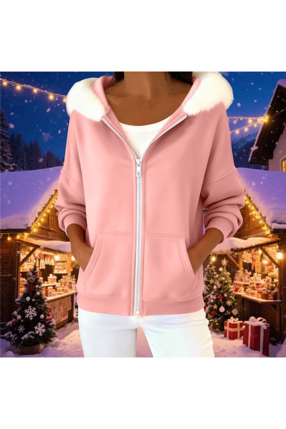 Fleece Lined Zip up Jackets for Women Casual Loose Hooded Sweatshirt Fall Winter Warm Outfits with Pockets New Womens Jackets Casual Pinky S