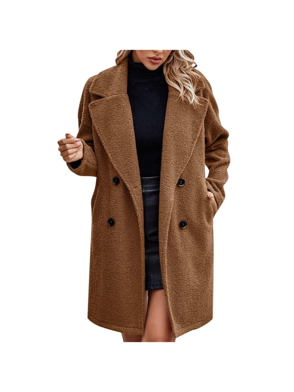Fleece Long Trench Coat Single Breasted Fuzzy Teddy Jacket Winter Long Sleeve Stand Collar Lapel Warm Overcaot