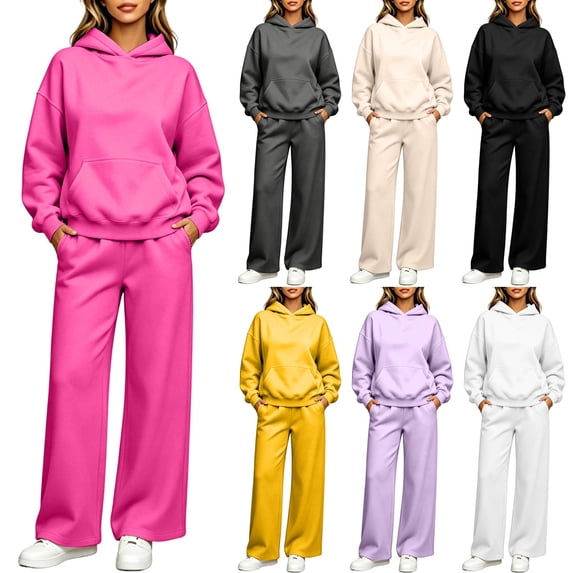 Fleece Lounge sets for Women Fall Winter Solid Color Lounge Sweatsuit Hoodie Oversized Top Wide Leg Pant Tracksuit Sweatsuit Set Loungewear Beige S