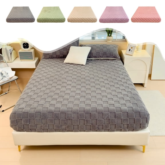 Fleece Mattress Protector Fitted Sheet, Winter Warm Corals Checkerboard Bedding for Home Use, Soft Polyester Fabric with Secure Slide Design, Topliu