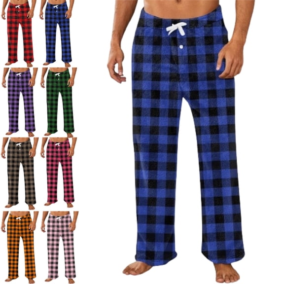 Fleece Mens Pajama Pants Flannel Fuzzy Baggy Christmas Buffalo Plaid Pajamas Bottoms Winter Sleepwear Lounge Pants Warm Elastic Waist Drawstring Lightweight Plush Pj Pants with Pockets Blue XL