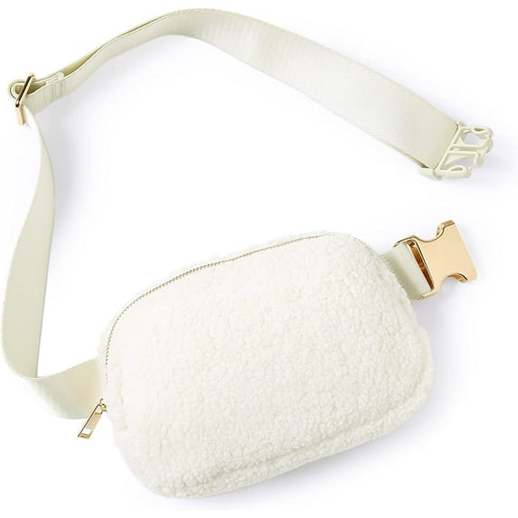 Fleece Mini Belt Bag with Adjustable Strap, Small Waist Pouch Fanny Pack for Workout Running Traveling Hiking Ivory Fleece