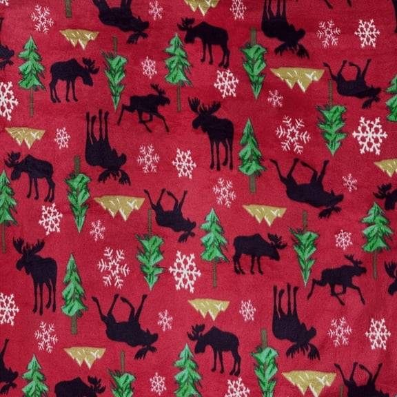 Fleece Moose Lodge Red Wildlife Northwoods Mountains Snowflakes Pine Trees Animals Fleece Fabric Print by the Yard (6121M-10H)