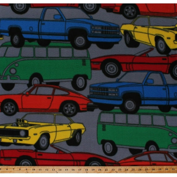 Fleece Multi-Colored Vintage Cars Vans Trucks on Gray Vehicles Classics Antiques Transportation Way Fleece Fabric Print by the Yard DT-6156-MA-1multi
