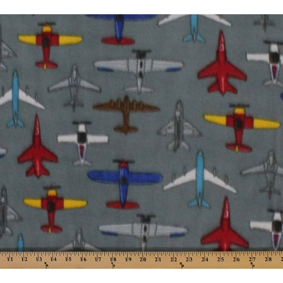 Fleece Multicolored Airplanes Flying Gray Grey Fleece Fabric Print by the Yard (6134F-10B)