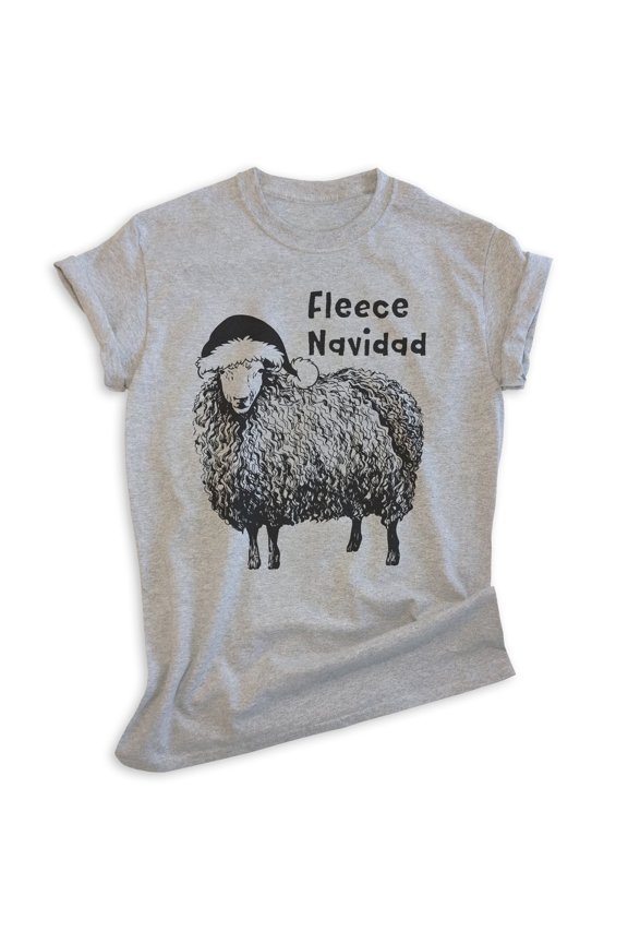 Fleece Navidad T-shirt, Unisex Women's Men's Shirt, Funny Christmas Xmas Feliz Navidad Sheep, Heather Gray, Large