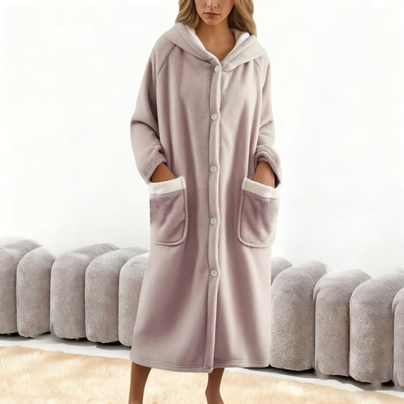 Nightgown Long Sleeve Button Down Hooded Fluffy Pajamas for Women Warm Pajamas Women's Robes Women's Flannel Nightgowns