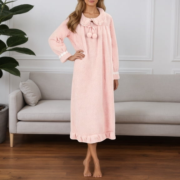 Nightgown Long Sleeve Fluffy Robes for Women Warm Pajamas Womens Robes Flannel Nightgown