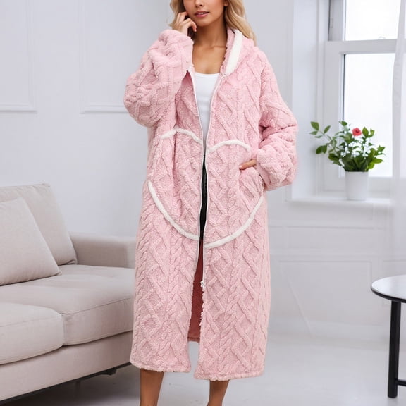 Nightgown for Women Long Sleeve Zipper Hooded Womens Housecoat Warm Robe Women's Robes Flannel Nightgowns for Women