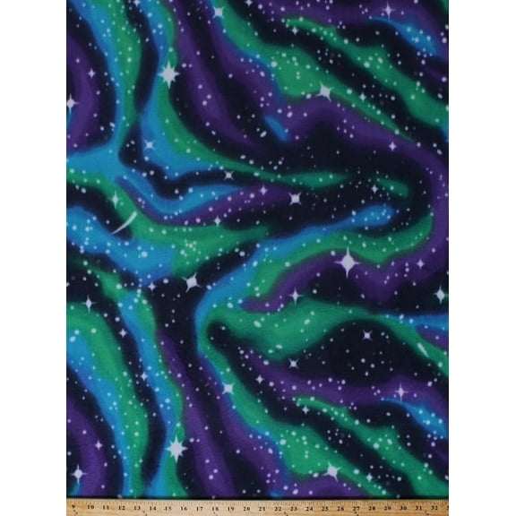 Fleece Northern Lights Aurora Borealis Stars Star Night Sky Galaxy Purple Blue Green Navy Fleece Fabric Print by the Yard (46416-1b)