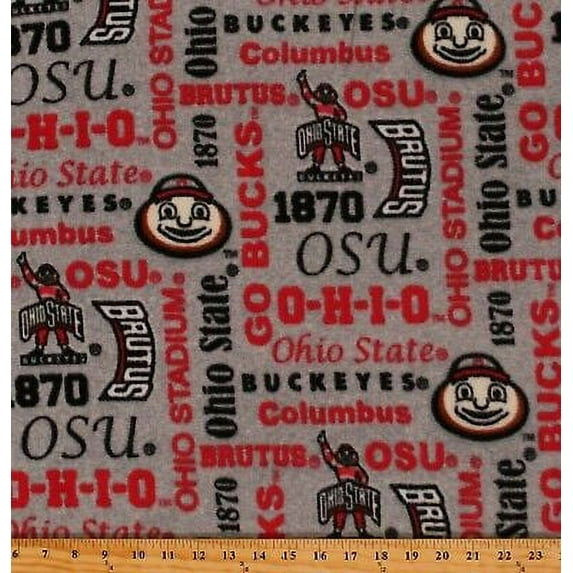 Fleece Ohio State University OSU Buckeyes Brutus Words Gray College Sports Team Fleece Fabric Print by the Yard (OHS-1162)