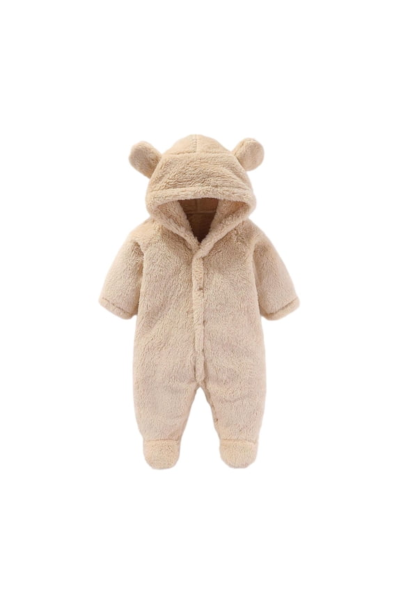 Fleece Oneises For Toddler Bear Ears Long Sleeve Button Down Jumpsuit Furry Comfy Infant Fall Winter Outfits (9 Months, Beige)