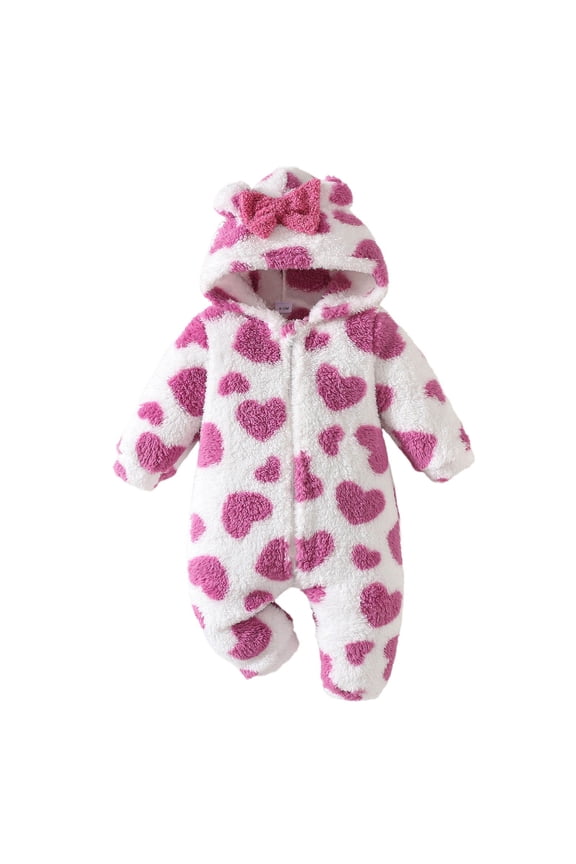 Fleece Onesie Kids Cute Print Baby Onesies Long Sleeve Zipper Hooded Jumpsuit with Bear Ears Infant Snowsuit Girls Baby Clothes 0-3 Months