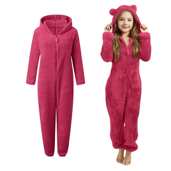 Fleece Onesie Pajamas Girls Pajamas with Bear-Eared Hood Zip Onesie Pajamas 1 piece Sleepwear Winter Outfit 11-12 Years