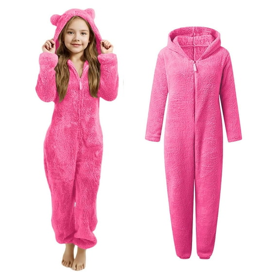 Onesie Pajamas Girls Pajamas with Bear-Eared Hood Zip-Up Fall Pajamas One-Piece Sleepwear Kids Winter Clothes 3-4 Years