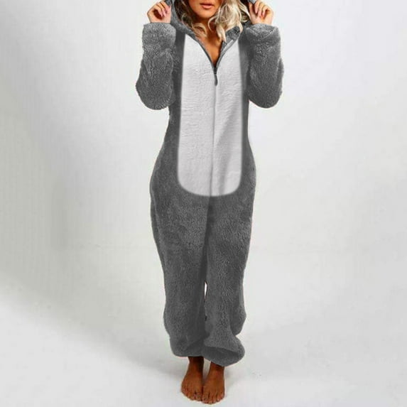 Fleece Onesie Pajamas for Women Zipper Hooded Jumpsuit Adult Plush One Piece Sleepwear Color Block Long Sleeve Cozy Soft Romper Christmas Pajamas