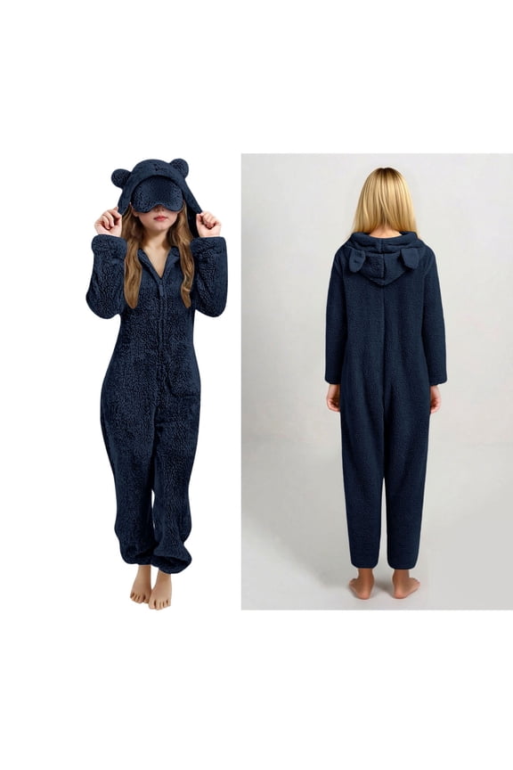 Onesie Pajamas with Eye Mask Hooded Romper Jumpsuit with Bear Ear Zip-Up Onesie Pajamas One-Piece Sleepwear Winter Pajamas 5-6 Years