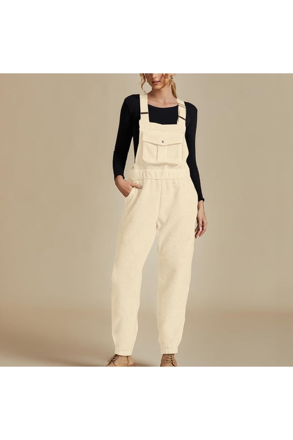 Fleece Overalls for Women Loose Fit Winter Fuzzy Jumpsuits with Pocket Fluffy Snow Bibs Adjustable Strap Snowsuit