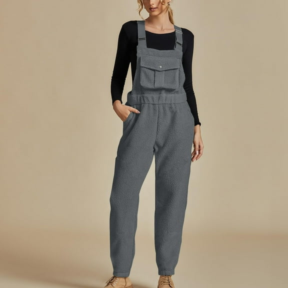 Fleece Overalls for Women Loose Fit Winter Fuzzy Jumpsuits with Pocket Fluffy Snow Bibs Adjustable Strap Snowsuit