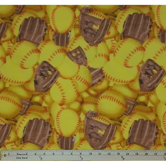 Fleece Packed Softballs Gloves Mitts Yellow Sports Fleece Fabric Print by the Yard (6216S-10H)