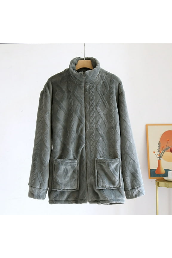 Fleece Pajama Jackets for Men with Pockets Long Sleeve Zip-Up Flannel Sweatshirts Casual Solid Stand Collared Thermal Warm Loungewear Pajamas Coats