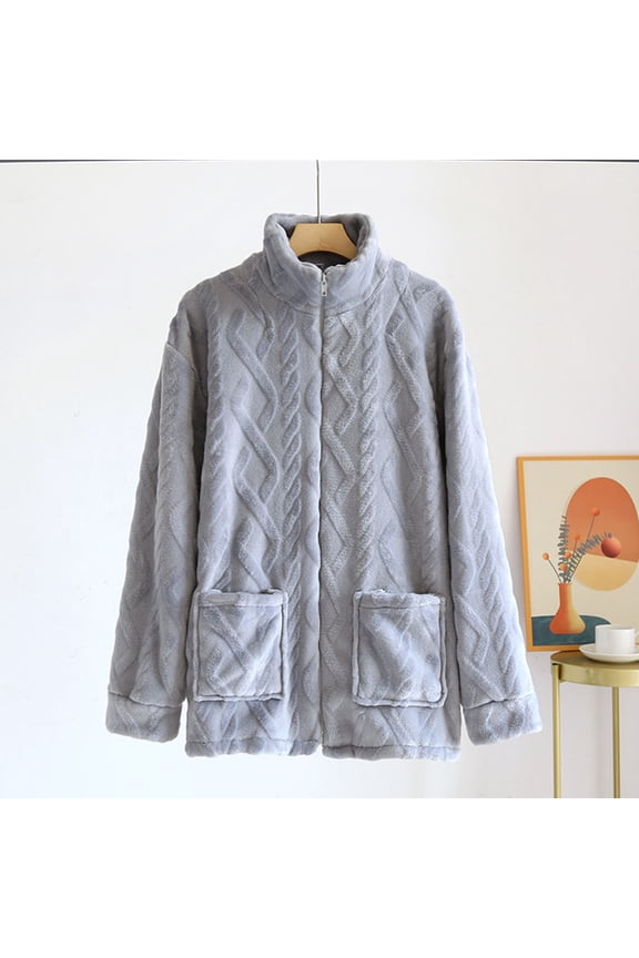 Fleece Pajama Jackets for Men with Pockets Long Sleeve Zip-Up Flannel Sweatshirts Casual Solid Stand Collared Thermal Warm Loungewear Pajamas Coats