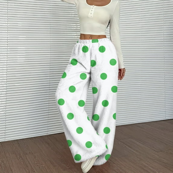 Fleece Pajama Pants Women Baggy Wide Leg Fleece Lounge Pants Loose Fit Polka Dot Pants 2025 Fashion Holiday Party Elastic Waist Sweatpants Fluorescent Green L