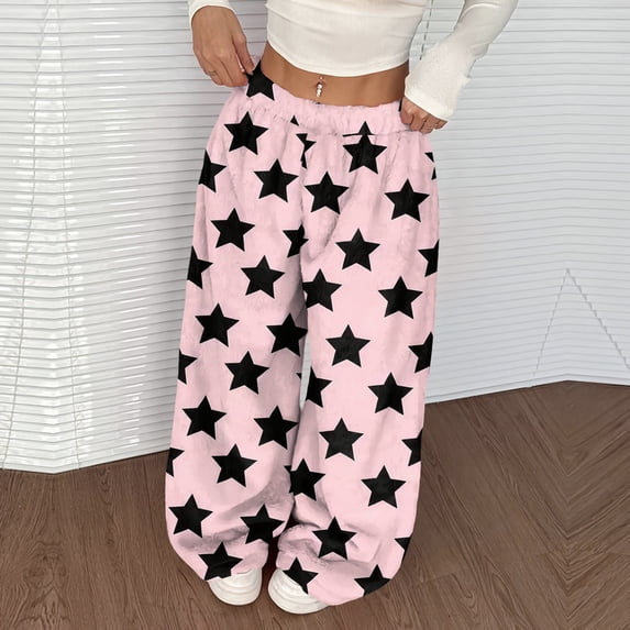Fleece Pajama Pants Women Baggy Wide Leg Fleece Pj Bottoms Loose Fit Star Print Pants 2025 Fashion Fall Winter Elastic Waist Sweatpants Pink S
