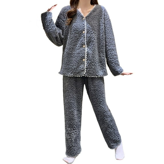 Fleece Pajama Set Long Sleeve Fuzzy Sleepwear Fleece Pullover Pants Two Piece Women’s Pajamas Set
