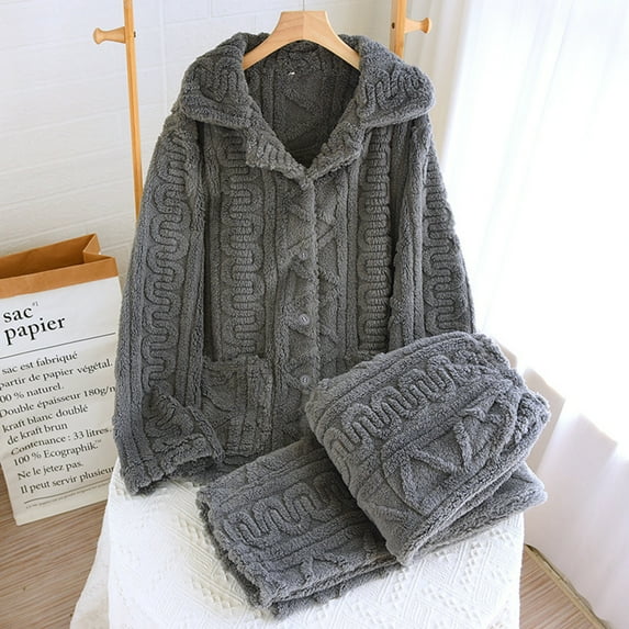 Fleece Pajama Sets for Men 2 Piece Flannel Long Sleeve Pajamas Mens Solid Thermal Warm Button-Down Shirts and Pants Loungewear Outfits with Pockets