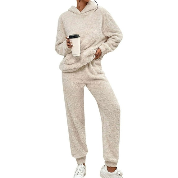 Pajama Sets for Women Long Sleeve Fuzzy Sleepwear Pullover Pants Two Piece Warm Pajamas for Women