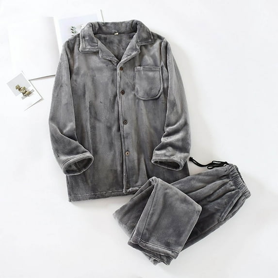 Fleece Pajamas for Men Plush 2 Piece Pajama Sets Mens Casual Solid Color Thermal Warm Long Sleeve Shirts and Pants Loungewear Outfits Set with Pockets