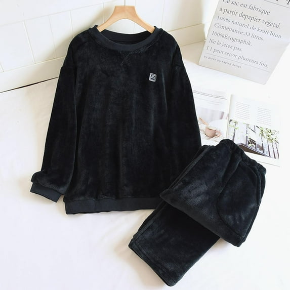 Fleece Pajamas Sets for Men Long Sleeve Sweatshirts and Pants 2 Piece Flannel Outfits Mens Casual Solid Color Thermal Warm Loungewear Pajama Set