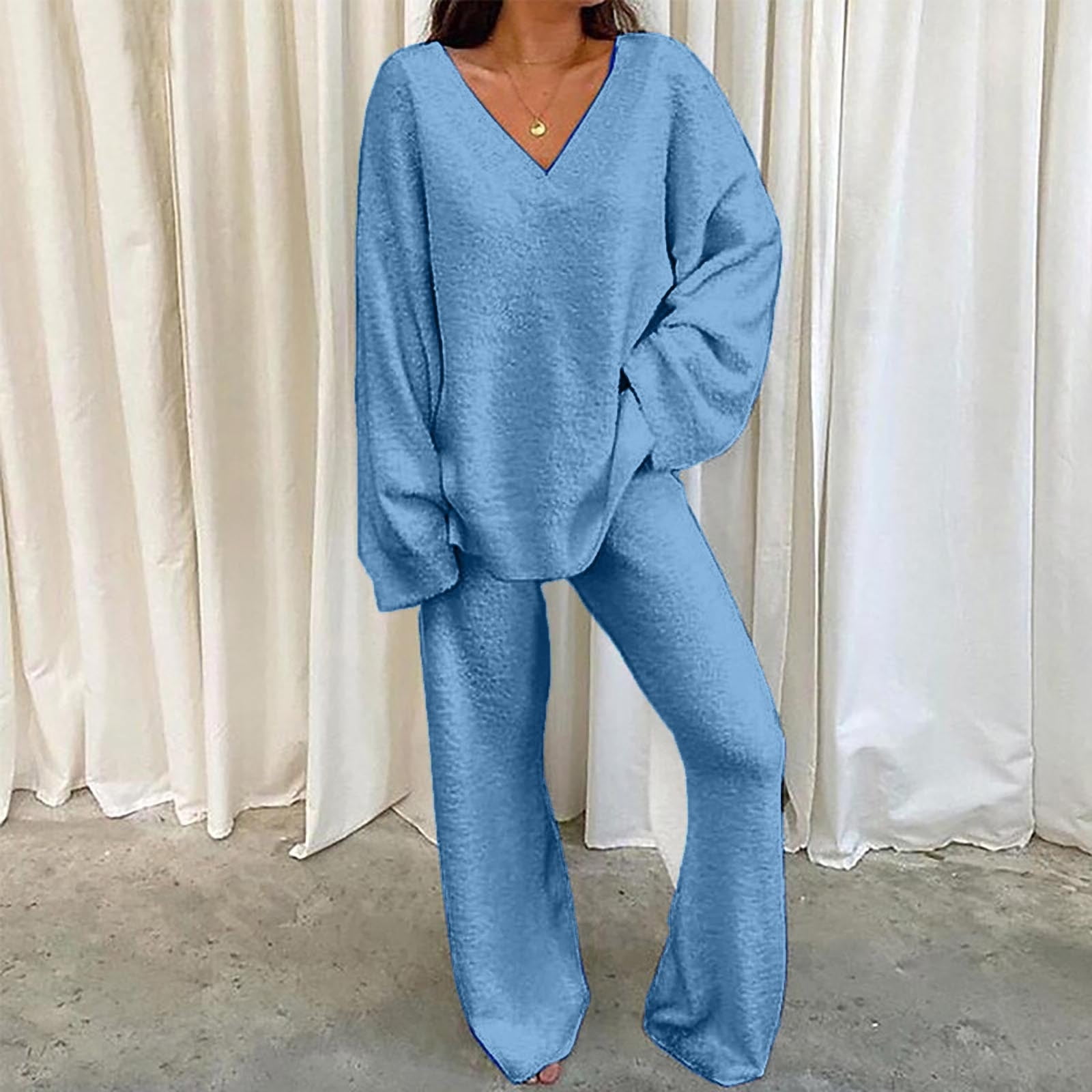Fleece Pajamas Sets for Women Winter Warm Loose Long Sleeve V Neck