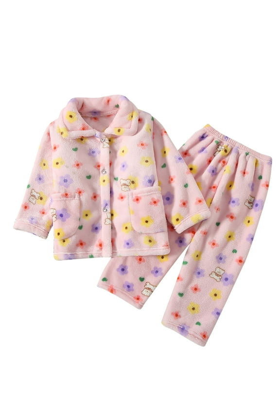 Fleece Pajamas Toddler Girls Cute Flannel Sleepwear Set Printed Sweet Button Down Top Pants Fluffy Winter Home Wear