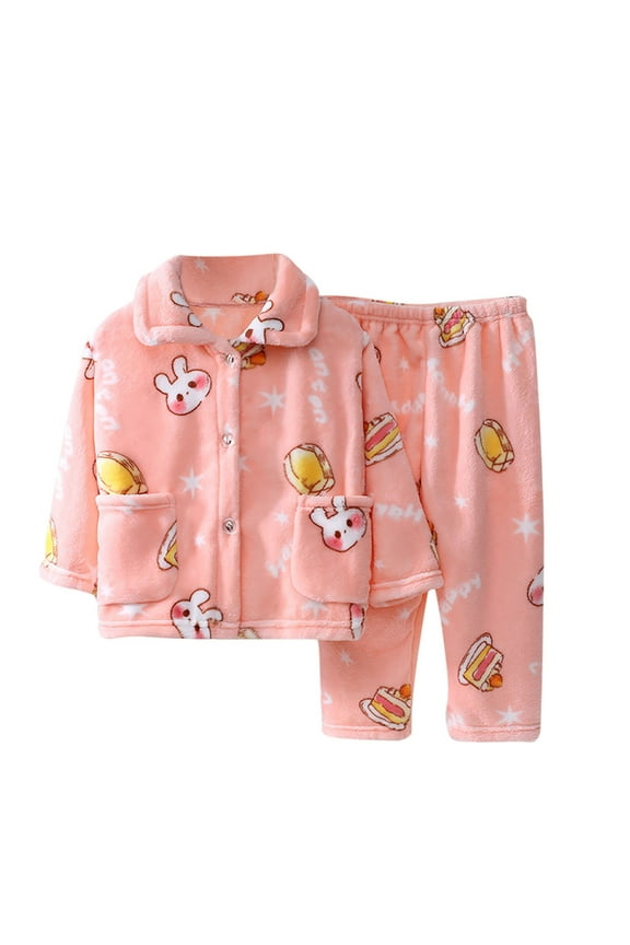 Fleece Pajamas Toddler Girls Cute Flannel Sleepwear Set Printed Sweet Button Down Top Pants Fluffy Winter Home Wear