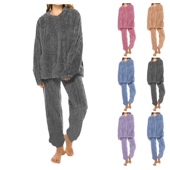 Fleece Pajamas Women Casual Comfy Thermal Fuzzy Long Sleeve Sleepwear Plush 2 Piece Lounge Set Winter Pajama Sets Gray One Size