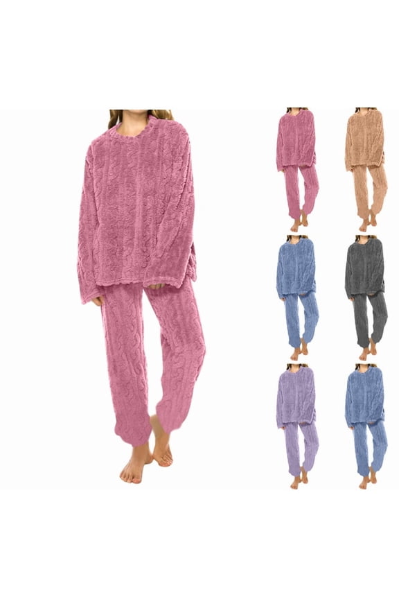 Fleece Pajamas Women Casual Comfy Thermal Fuzzy Long Sleeve Sleepwear Plush 2 Piece Lounge Set Winter Pajama Sets Pink One Size