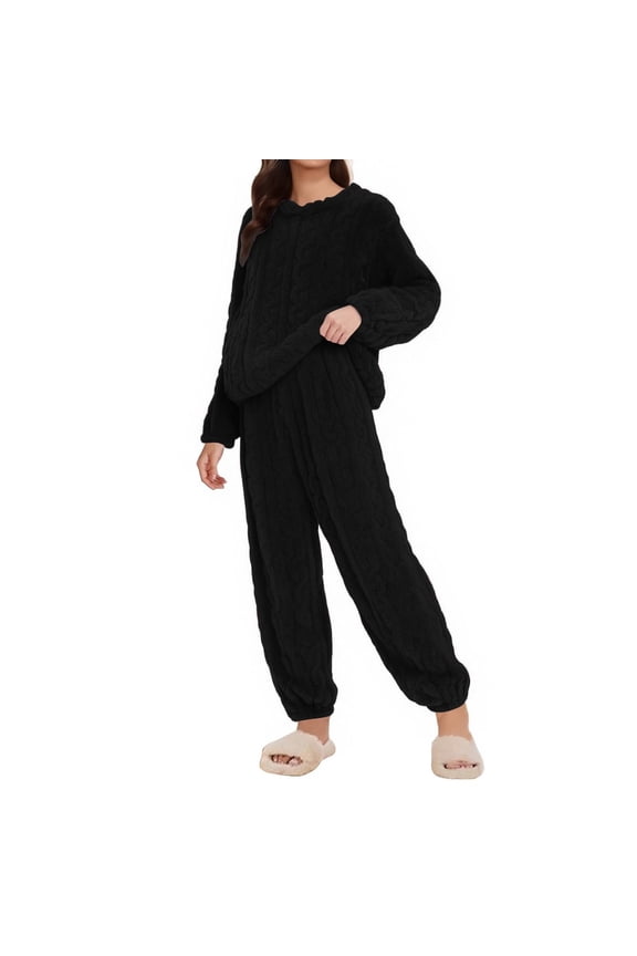 Fleece Pajamas Women Soft 2 Piece Sets 2025 Fall Winter Warm Flannel Pajamas Cotton Comfort Cozy Loungewear Fuzzy Pjs Set Ladies Cute Plus Size Matching Lounge Casual Long Sleeve Sleepwear Black 5X