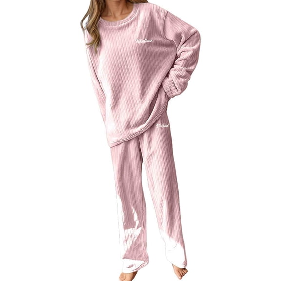 Fleece Pajamas Women Warm Pjs Sets Pullover Long Sleeve Pants Loose Loungewear Sherpa Sweatshirts Sleepwear Winter Clothes Light pink One Size