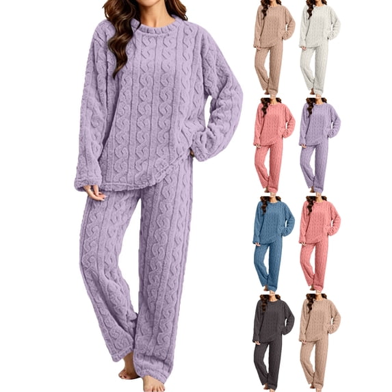 Fleece Pajamas for Women Set,Crew Neck Long Sleeve Top and Wide Leg Pants 2 Piece Thick Warm Loose Loungewear Sleepwear