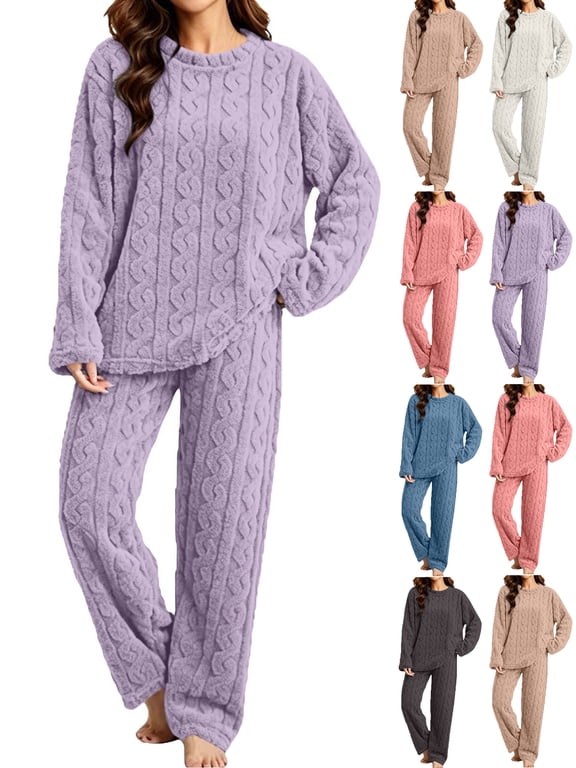 Fleece Pajamas for Women Set,Crew Neck Long Sleeve Top and Wide Leg Pants 2 Piece Thick Warm Loose Loungewear Sleepwear