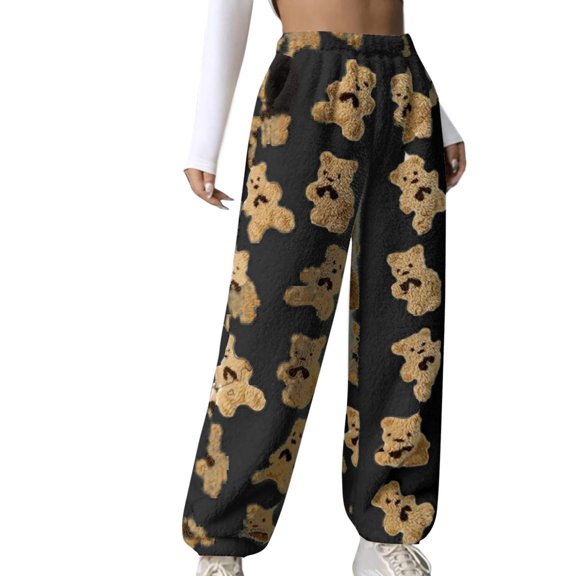 Fleece Pants Women Cute Bear Prints Elastic Waist Wide Leg Joggers Trouser Cinched Bottom Fuzzy Winter Outfits (S, Black)